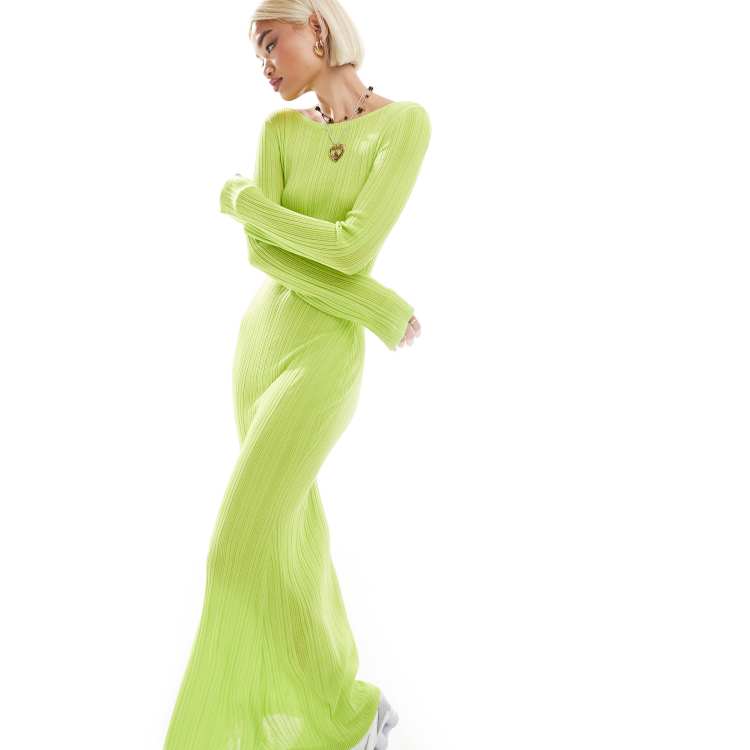 lime green dress long sleeve Monki knitted slim fit maxi in Web Collection: Evening