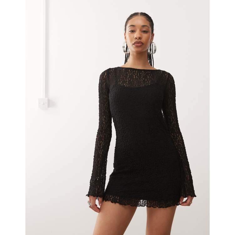 Monki long sleeve lace mini dress in black | ASOS