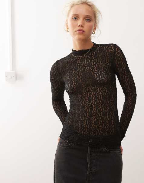 Monki long sleeve lace top in black
