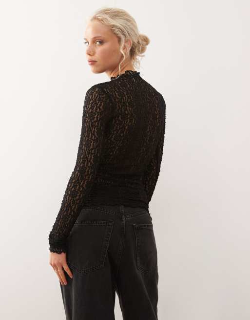 Monki long sleeve lace top in black, 3 of 4