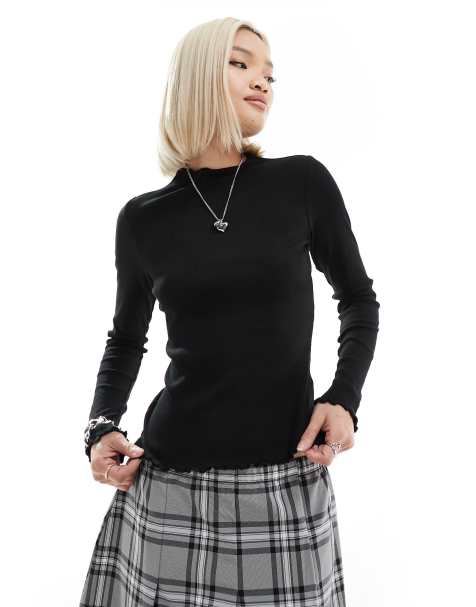 Monki long sleeve lettuce edge high neck top in black - view 1
