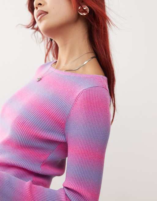 Trendy, Chic Women's Clothing Boutique Le Lis Pink Striped Cropped Sweater for Women, 100% POLYESTER, Size S Lane 201