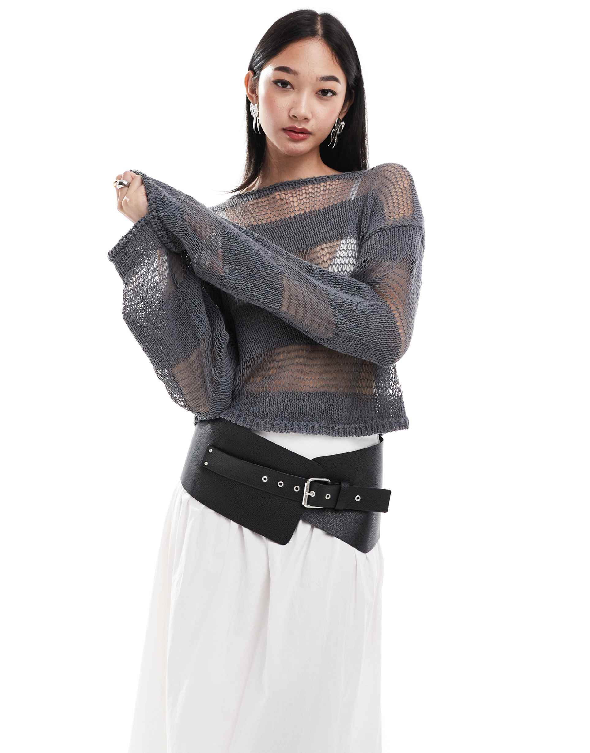 monki long sleeve loose knitted top with sheer stripes in gray