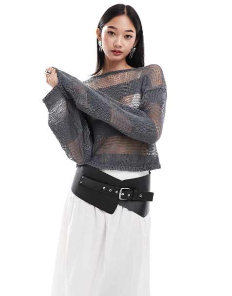 Monki long sleeve loose knitted top with sheer stripes in grey - view 1