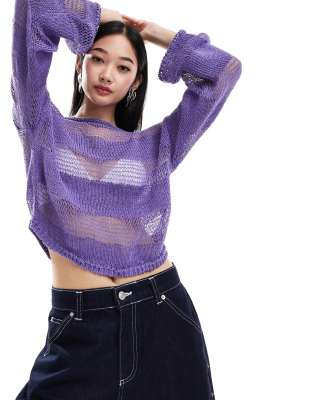 Monki long sleeve loose knitted top with sheer stripes in lilac-Purple