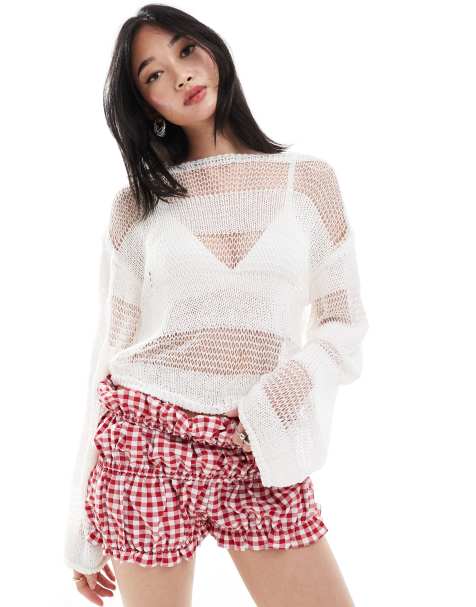 Monki long sleeve loose knitted top with sheer stripes in off white - view 1
