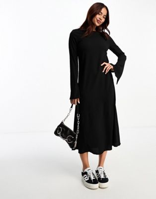 Monki long sleeve maxi dress with trumpet sleeves in black | ASOS