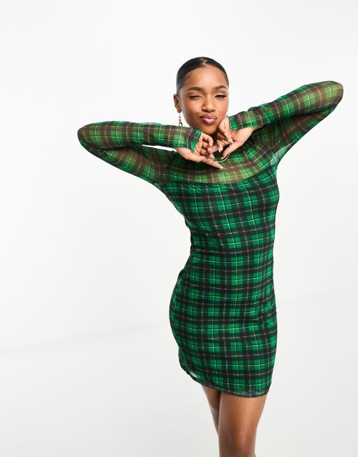 Monki long sleeve mesh dress in green check