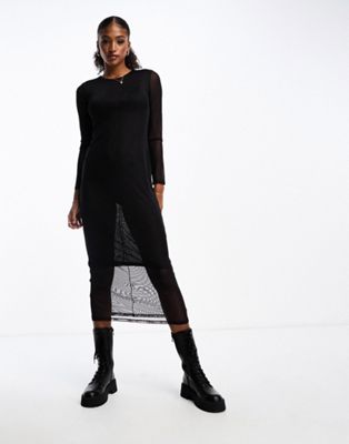 Monki long sleeve mesh midi dress in black