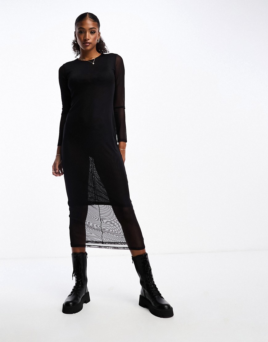 Monki long sleeve mesh midi dress in black