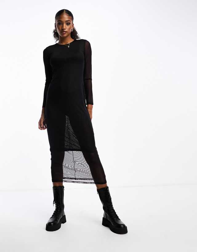 Monki - long sleeve mesh midi dress in black