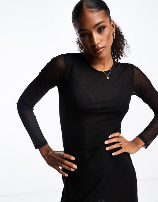 Monki long sleeve mesh midi dress in black