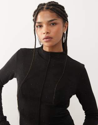 Monki Long Sleeve Mesh Rhinestone Top In Black