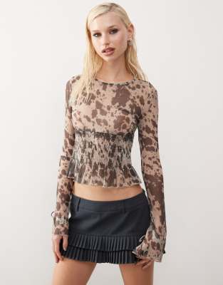 Monki long sleeve mesh shirred top in brown cow print-Black