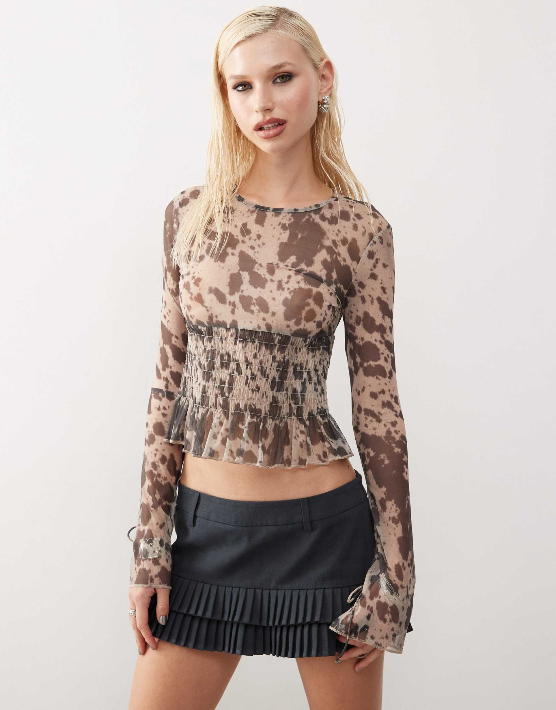 monki long sleeve mesh shirred top in brown cow print