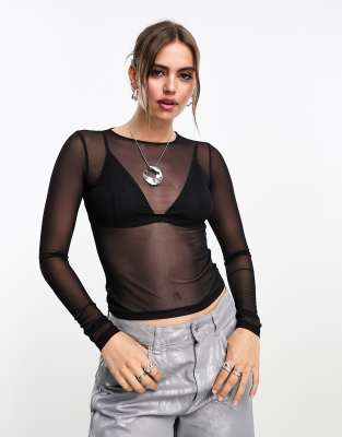 Monki Long Sleeve Mesh Top With Gather Front In Black