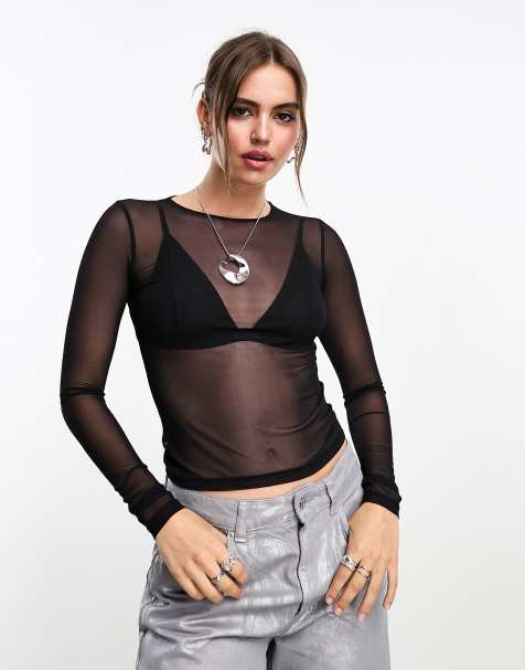 Monki long sleeve mesh top in black - view 1