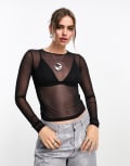 Monki long sleeve mesh top in black