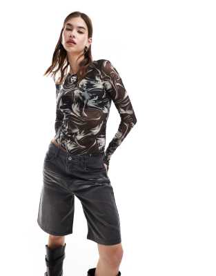 Monki Long Sleeve Mesh Top With Gather Front In Black