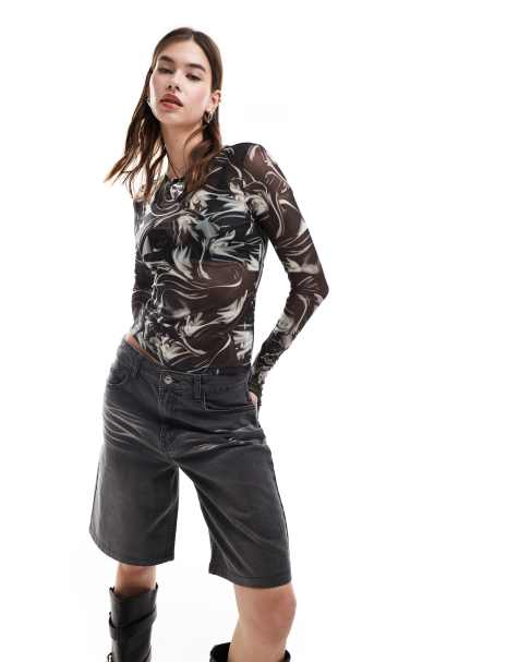 Monki long sleeve mesh top in black - view 1