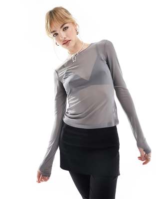 Monki Long Sleeve Mesh Top In Charcoal Gray