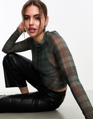 Monki long sleeve mesh top in green and black check