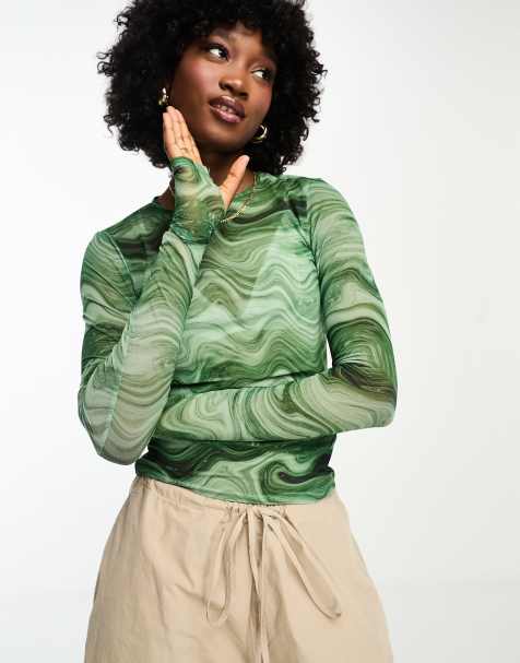 Monki long sleeve mesh top in green swirl print