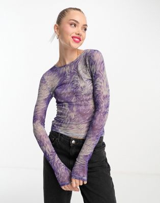 Monki long sleeve mesh top in purple and green swirl print