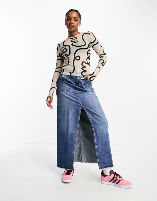 ASOS DESIGN Smiley Collab long sleeve mesh top license graphic in all over  print
