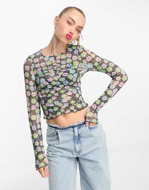 Monki long sleeve mesh top with gather front in black flower print - view 1