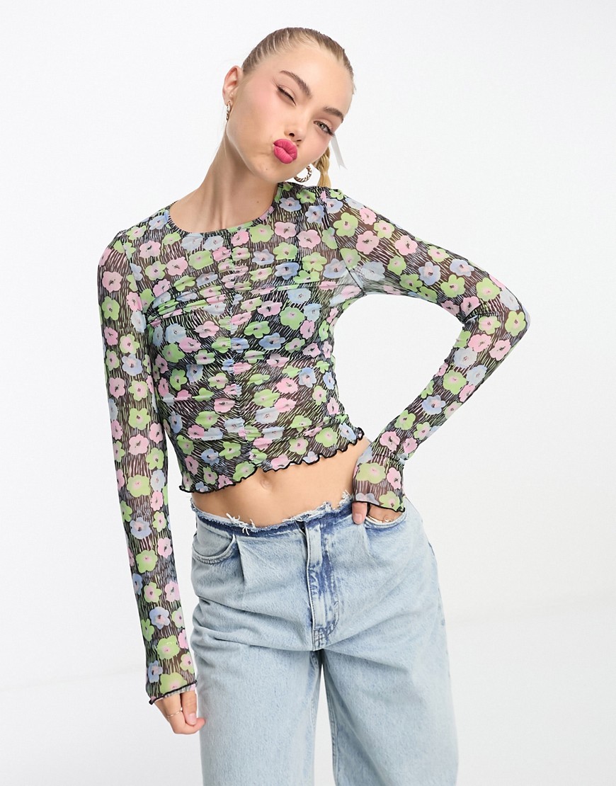 Monki long sleeve mesh top with gather front in black flower print