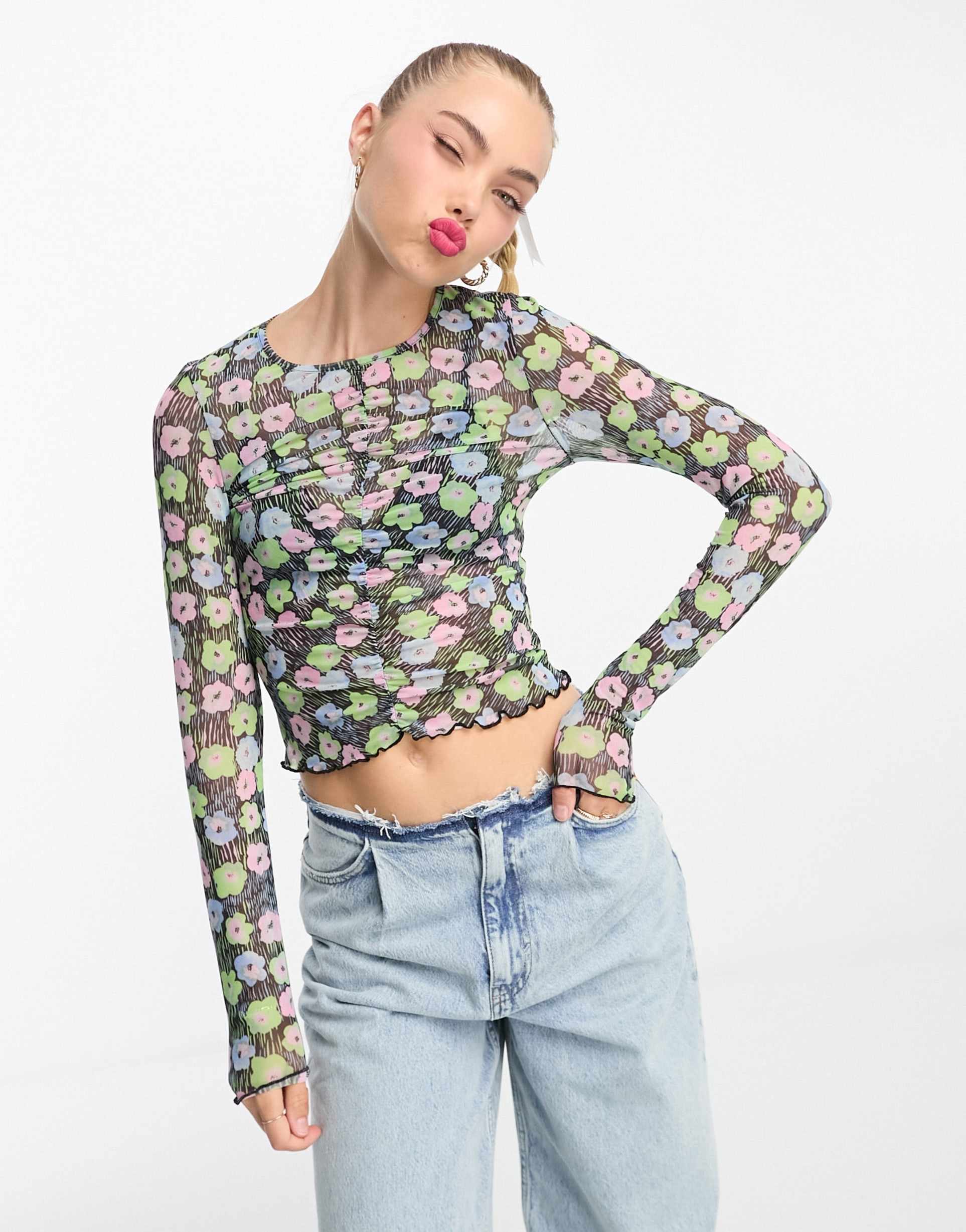 monki long sleeve mesh top with gather front in black flower print