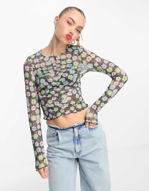 Mesh floral print long sleeve crop top