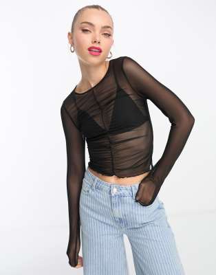 long sleeve mesh top with gather front in black