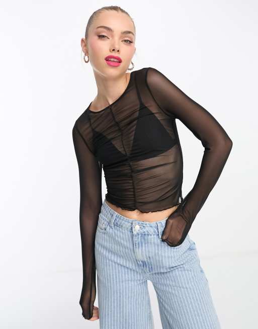 Black Ruched Front Long Sleeve Mesh Top 