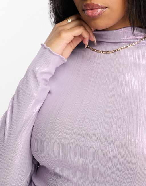 Monki long sleeve metallic lettuce hem top in lilac | ASOS