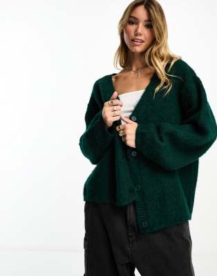 Monki long sleeve midi cardigan in dark green