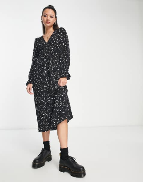 Monki long sleeve midi dress in black ditsy print - view 1