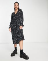 Pieces tie sleeve detail midi dress in black spot print | ASOS