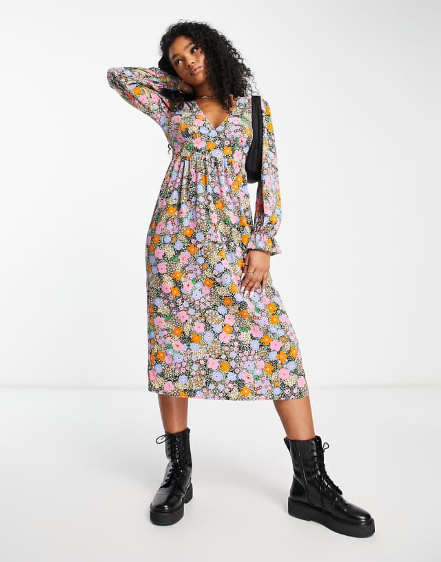 Monki - long sleeve midi dress in multi floral print