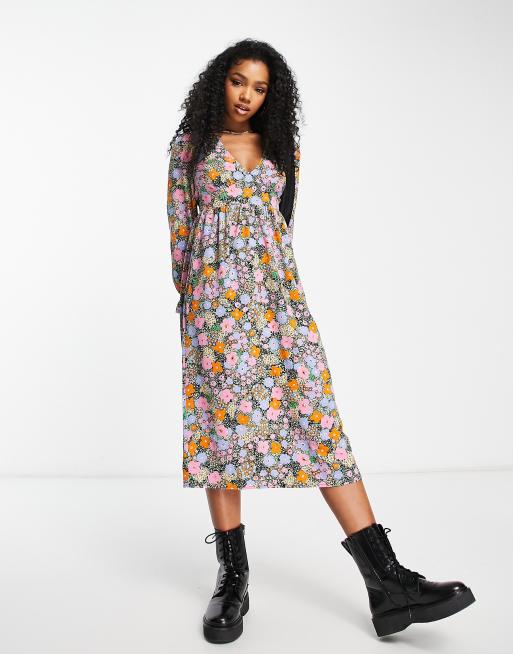 Monki long sleeve midi dress in multi floral print