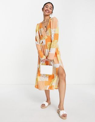 Monki Long Sleeve Midi Dress In Orange Patchwork Floral