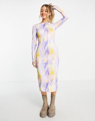 Monki long sleeve midi mesh dress in lilac print