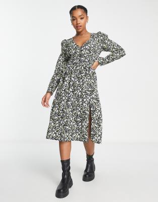 Monki long sleeve midi tea dress in dark based floral-Black