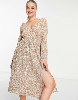 Monki long sleeve midi tea dress in pink floral