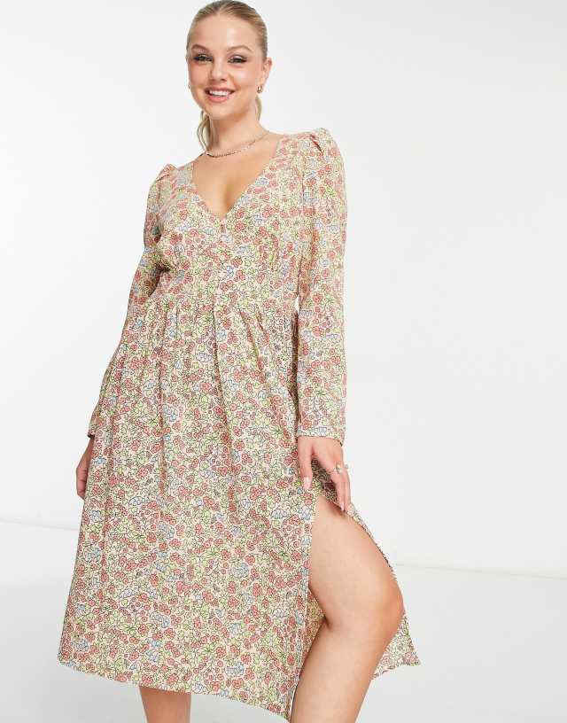 Monki long sleeve midi tea dress in pink floral