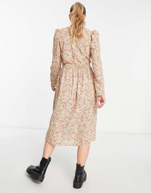 Monki long sleeve midi tea dress in pink floral