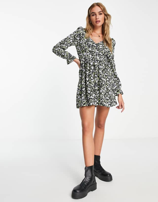 Monki long sleeve mini dress in black floral print