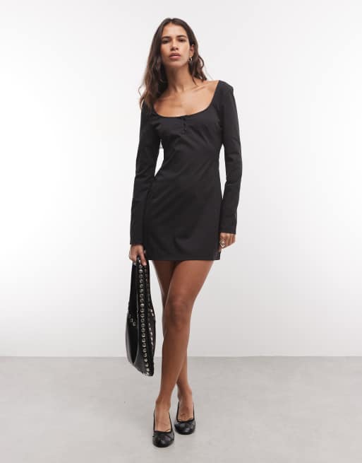 Monki long sleeve mini shift dress in black | ASOS