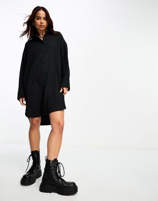 Monki long sleeve mini shirt dress in black